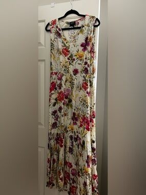 ECI Floral Sleeveless Maxi Dress in White with Pink, Yellow and Green